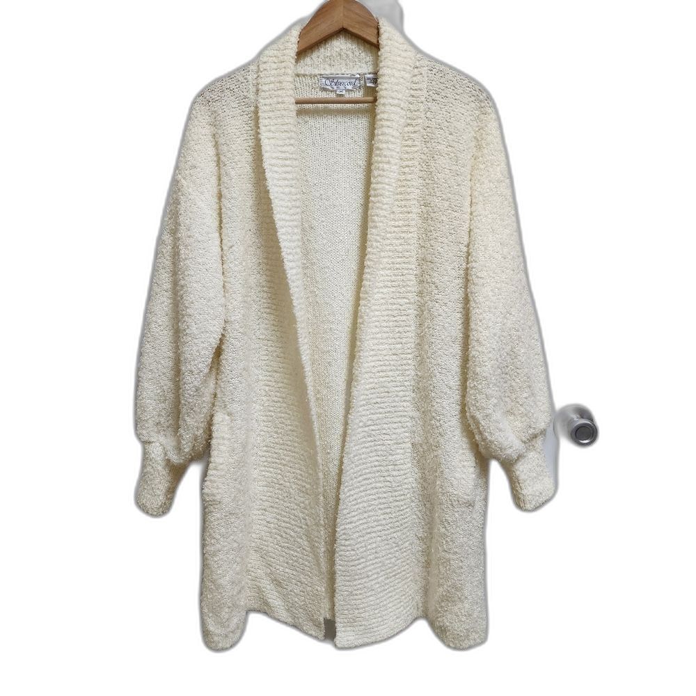 Silvercord Sweater Women M Cream Popcorn Knit Open Cardigan Shawl Balloon Cozy
